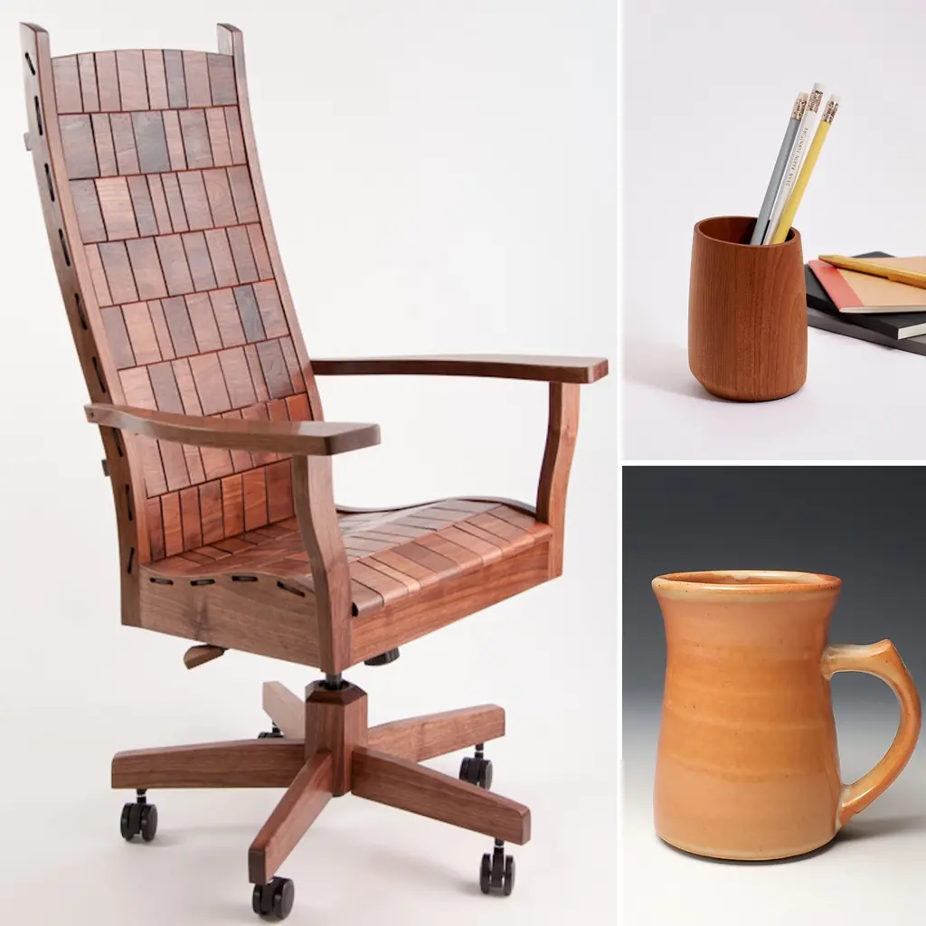 (Chair by Alan Daigre, pencil cup by Dean Babin, mug by Janel Jacobson)